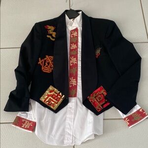 Vintage 90’s Overqualified Embroidered Black tuxedo / shirt Red and Gold Accents